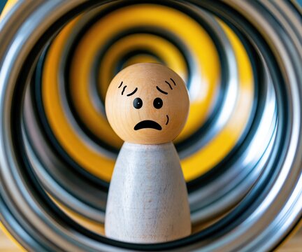 A distressed wooden figure appears trapped within a swirling vortex of metallic and yellow rings.