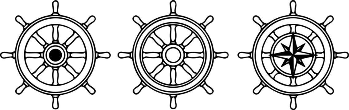 Three ship steering wheels vector illustration
