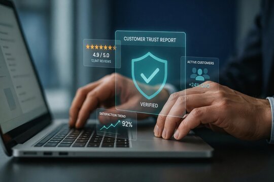 Businessman using laptop with digital holographic interface showing customer trust report, verified status, and business analytics