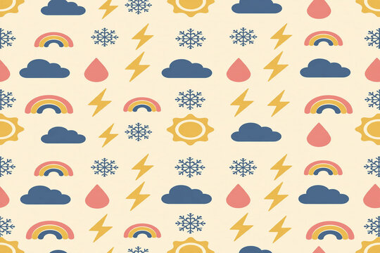 Seamless flat weather icons pattern with sun cloud raindrop snowflake lightning and rainbow