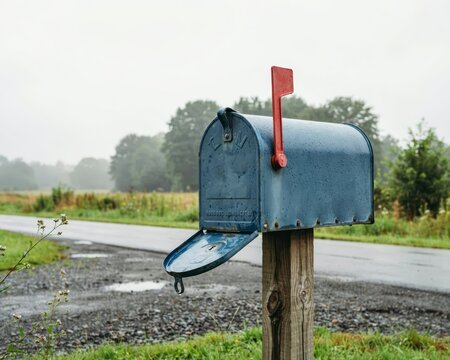 A blue rural mailbox with a red flag stands on a wooden post along a misty road on a rainy day