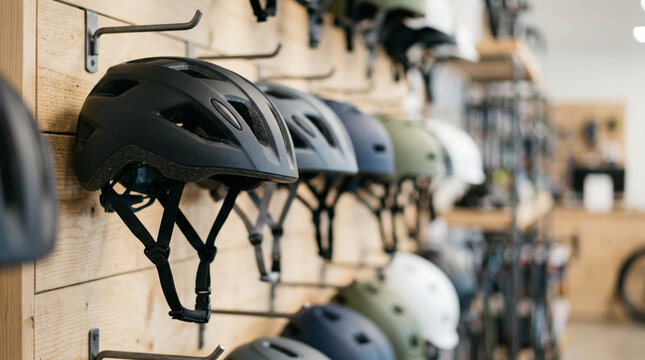 Rows of modern bicycle helmets displayed on a wooden slatwall with metal hooks in a retail store interior. Focus on a matte black helmet with straps in a professional bike shop.