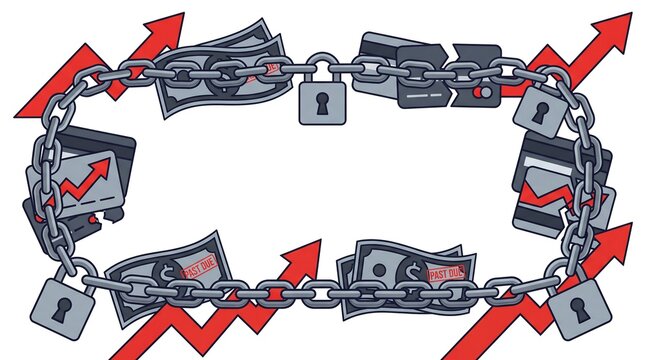Financial debt crisis vector frame with chains and broken credit cards