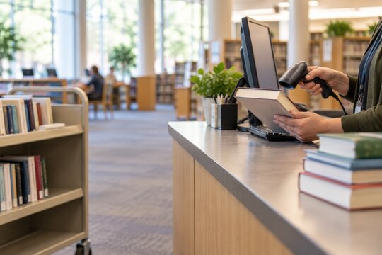 library worker processes books at a circulation desk