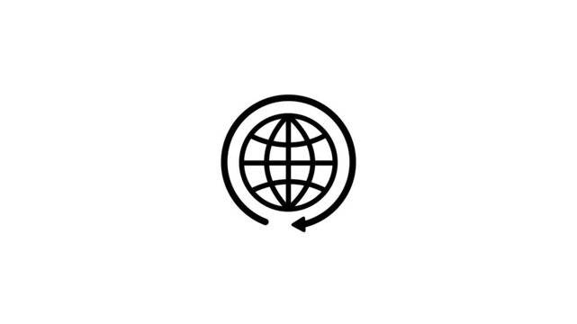Animated globe icon with rotating arrow around the world on white background. Motion graphic for global network, world sync, international connection, web refresh, and global business UI asset.