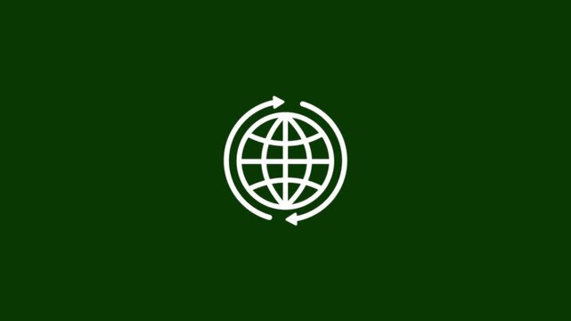 Animated globe icon with rotating arrows around the world on dark green background. Motion graphic for global network, world sync, international connection, web refresh, and global business UI asset.