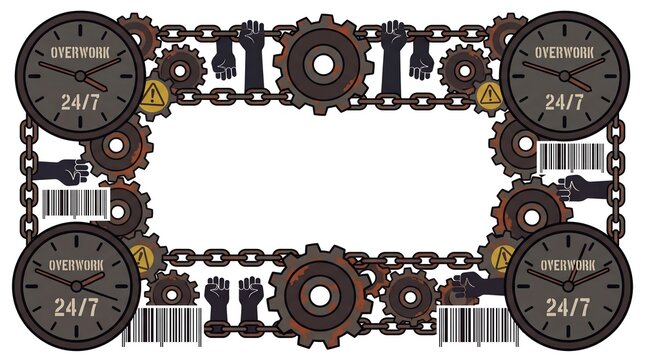 Industrial labor exploitation vector frame with overwork clocks and chains