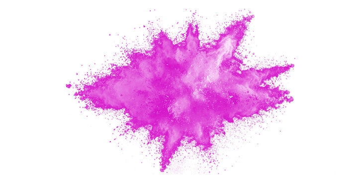 Orchid magenta powder explosion with rocky debris and dust particles bursting sideways isolated on a white background