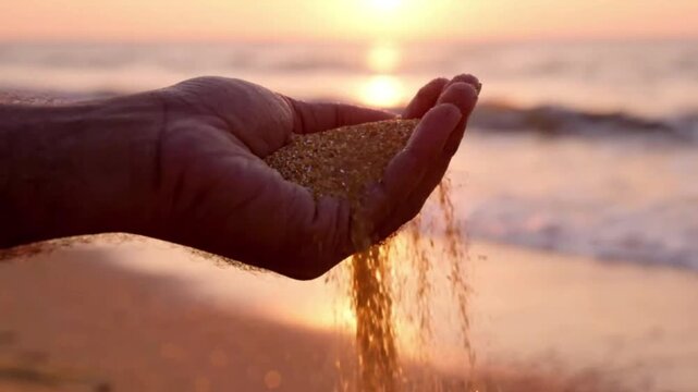 A hand letting golden sand run through his fingers at sunset on the beach