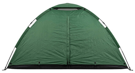 Green dome camping tent with closed entrance and visible support poles isolated on black © Ophelia