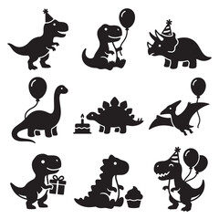 Dinosaur silhouettes celebrate with party hats, balloons, and cake against a white background. © usman