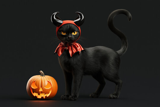 Black cat wearing red devil horns and bow beside carved pumpkin
