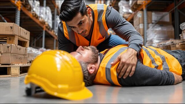 Male worker rushing to help his fainted colleague lying on the floor after an accident