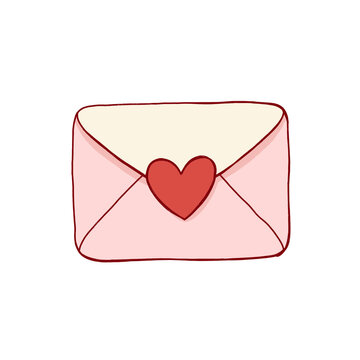 Hand drawn pink love letter envelope sealed with red heart sticker vector illustration isolated on white background