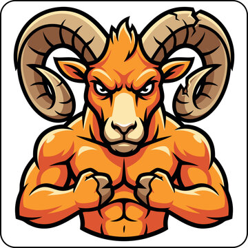 Cartoon strong muscular ram character with large horns and angry expression, baring fists, vector illustration on white background
