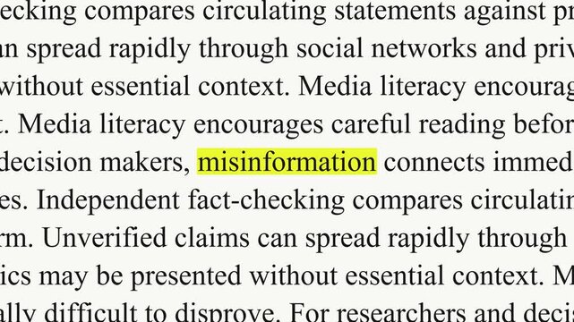 Misinformation appears in a yellow highlight as black serif paragraphs change around it, with text about sources, headlines and fact checking on a white background.