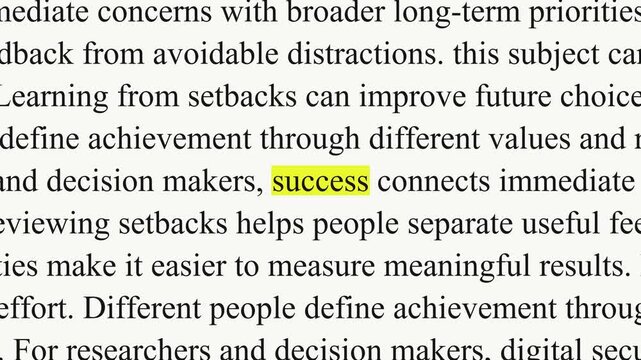 Black serif paragraphs about goals and achievement shift around the yellow highlighted word success, which changes from blurred to sharp against a white background.