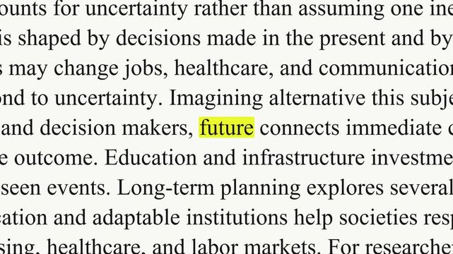 The word future appears in a yellow highlight as black serif paragraphs shift and change, with text about planning and possible outcomes on a white background.