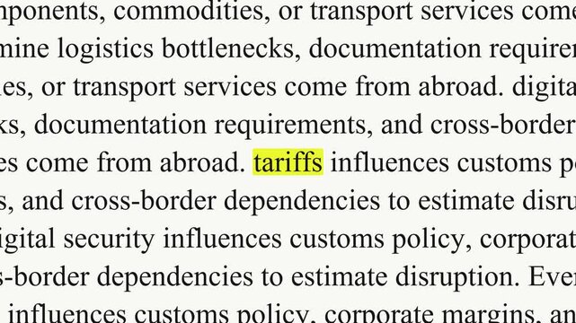 A yellow highlight marks tariffs as black serif paragraphs shift and change, with text about products, costs and trade policy filling the white background.