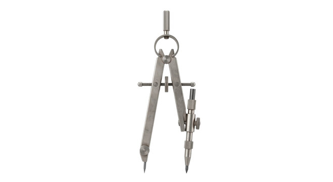 Metal drafting compass with adjustable lead holder isolated against a black background