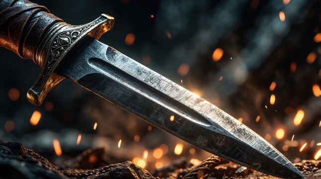 Sharp metal dagger with leather handle lies on dark rocky ground. Glowing sparks fly around ancient steel blade. Medieval fantasy weapon with detailed guard rests near fire embers in dark atmosphere.