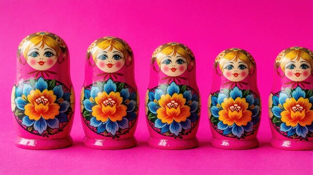 Five colorful Russian matryoshka dolls stand in row on bright pink background. Traditional wooden nesting dolls feature floral patterns, cute girl faces. Hand painted babushka toys create pop art