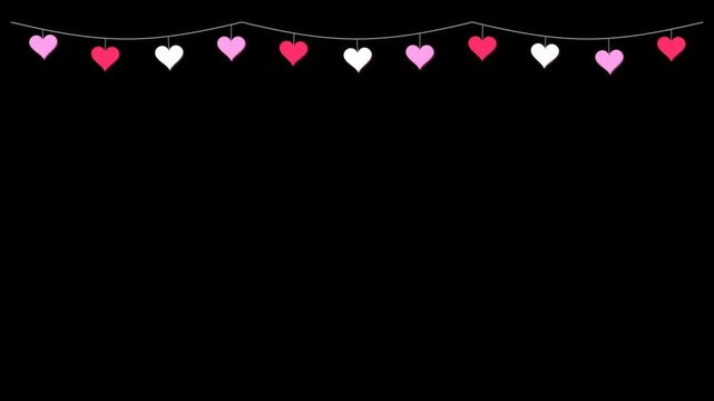 Valentine motion graphic of paper heart garlands swaying on strings, mixing pink and red hearts with white against black. Horizontal format enhances greetings, weddings, and invitations.