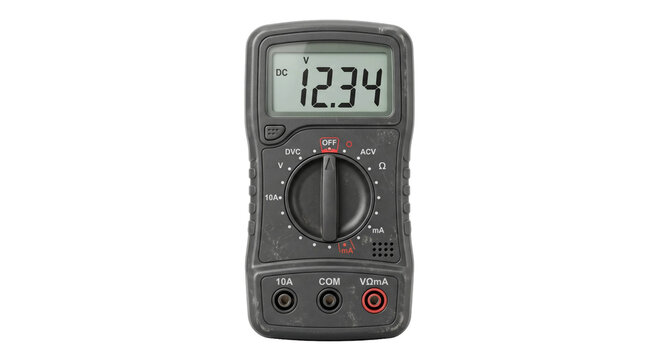Digital multimeter with numeric voltage display and selector dial isolated on black background