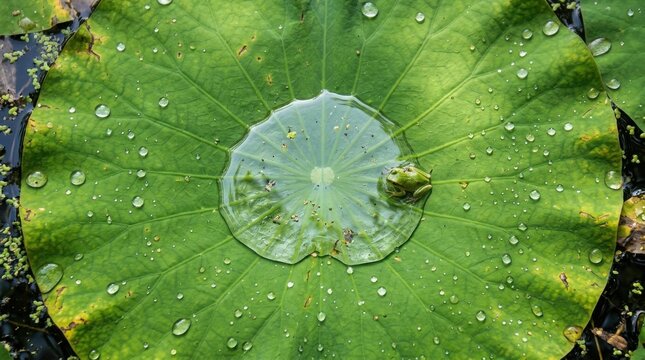 Tiny Green Frog Resting on a Giant Water Lily Leaf with Water Droplets