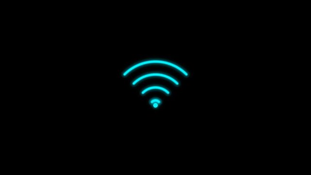 Electric cyan blue glowing neon WiFi icon with sequential wave pulse, seamless loop 4K