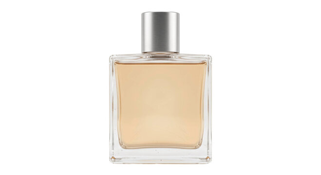 Unlabeled rectangular perfume bottle with amber fragrance and a brushed silver cap on black