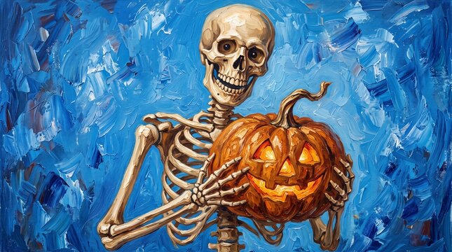 Oil painting style skeleton holding a glowing jack o lantern against vibrant blue background