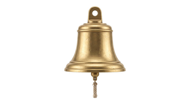 Antique-style brass bell with a hanging pull rope isolated against a black background