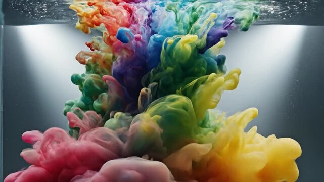 Rainbow ink cloud blooming in water with soft studio lights during slow motion