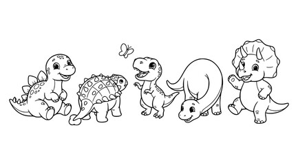 Cute baby dinosaur coloring page set for children with happy cartoon dinos and butterfly vector illustration isolated on white background © MstSelina