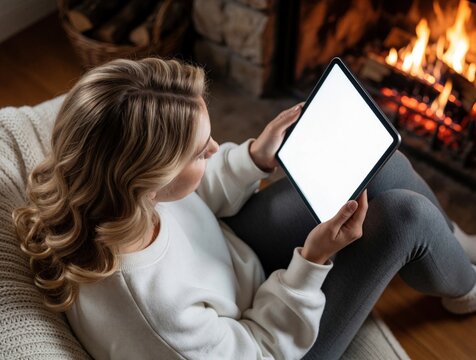 Top view of blonde woman sitting near warm fireplace with tablet. Female user holds blank digital device relaxing on cozy sofa. Young lady uses screen in home living room during cold winter evening