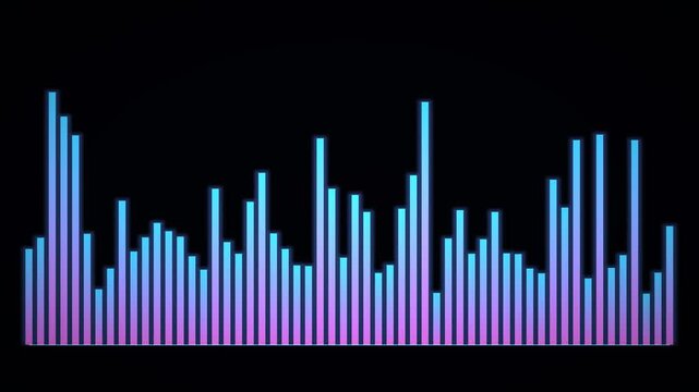 Animated audio equalizer bars pulsing neon on dark background loop