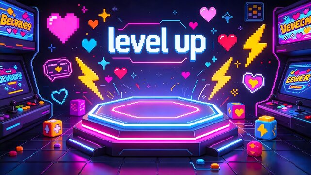 Neon Pixel Level Up Stage Gaming Background