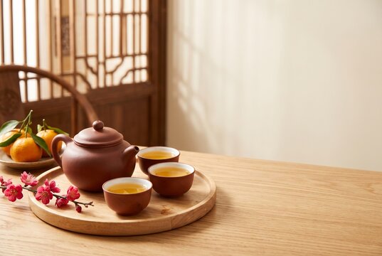 Chinese tea set with teapot, cups, and oranges on wooden table