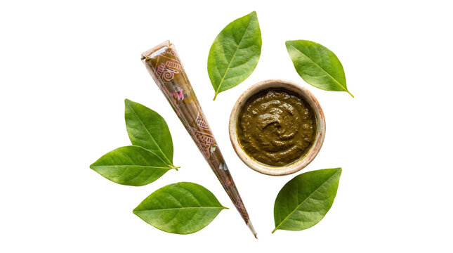 Natural henna paste in bowl with applicator cone, fresh green lawsonia inermis leaves on white background, organic herbal hair dye and body art