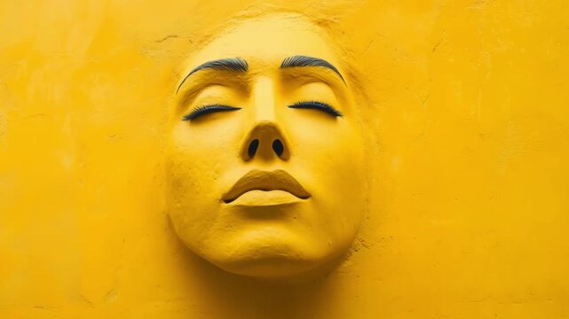 A sculpture of a womans face is embedded on a yellow wall,