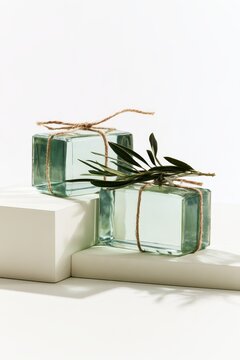 Two glass blocks tied with twine and an olive branch