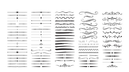 Comprehensive collection of black and white text dividers, flourishes, floral ornaments, scrollwork, and decorative geometric line elements © JIDNI