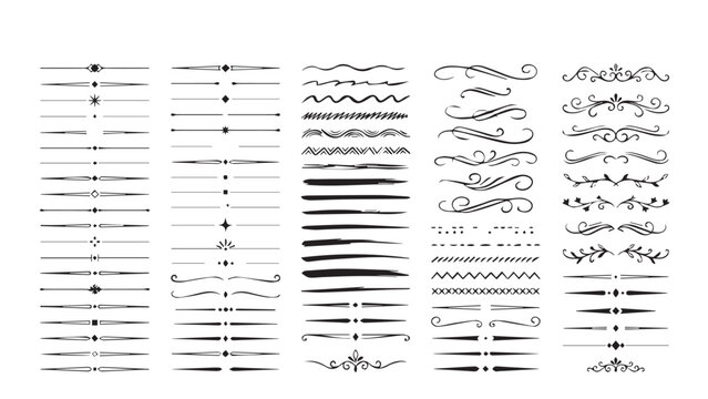 Comprehensive collection of black and white text dividers, flourishes, floral ornaments, scrollwork, and decorative geometric line elements
