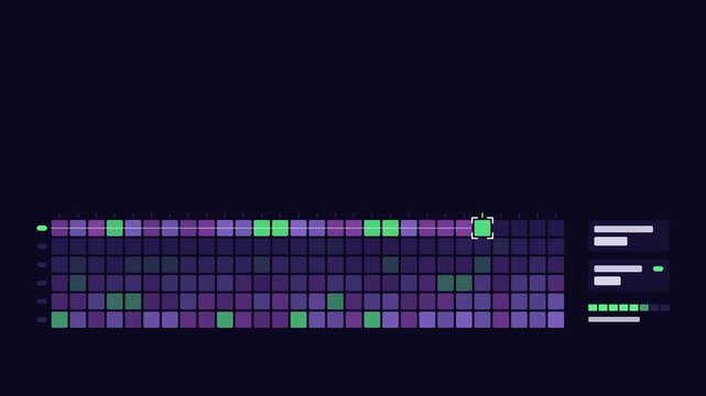 Seamless 4K looping technology animation: grid raster scan filling cells by rows. Flat vector interface with grid, rings, readout cards and blank text placeholders in blue and azure on a dark backgrou