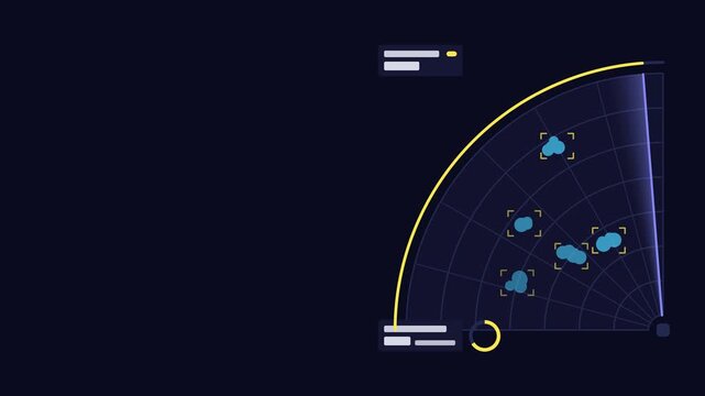 Seamless 4K looping technology animation: side scan sector revealing finds on seabed. Flat vector interface with grid, rings, readout cards and blank text placeholders in blue and azure on a dark back