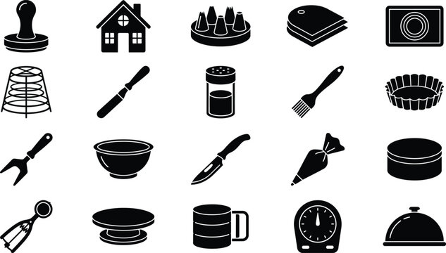 Set of black silhouette icons depicting various kitchen utensils and baking tools in a flat vector design style