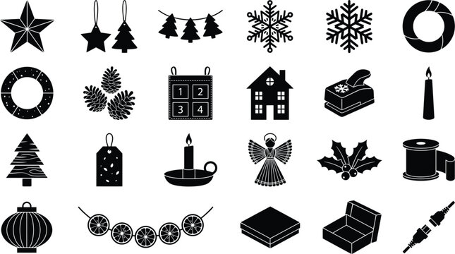 Black and white vector graphic icon set featuring christmas symbols like stars trees and holiday decorations