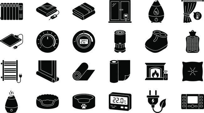 Complete set of household heating devices and temperature control vector icons isolated on white background for design