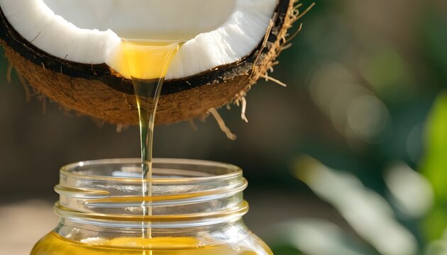 Pouring Pure Coconut Oil from Fresh Coconut Shell into Glass Jar